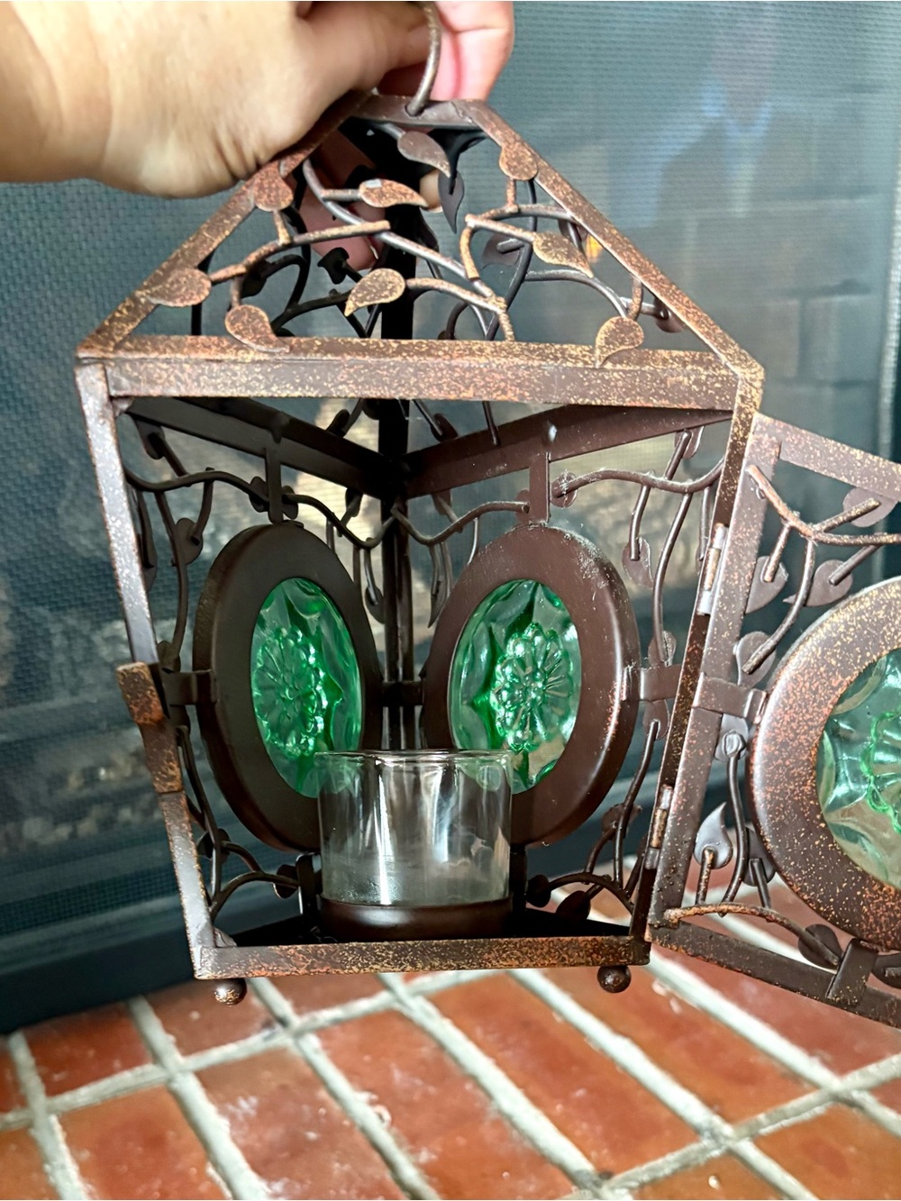 Retired PartyLite La Rosetta hanging lantern Metal & Green Glass Rustic Floral - Picture 5 of 11